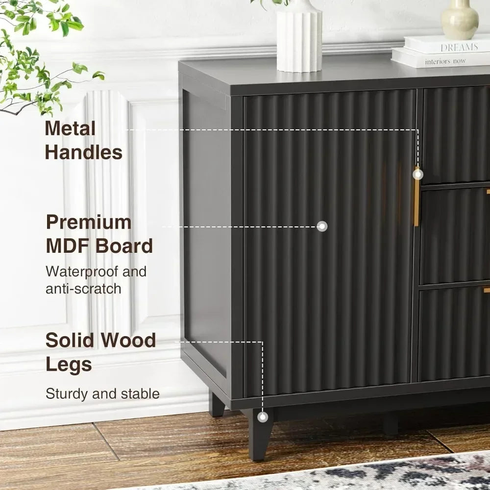 47.2" W Storage Cabinet with 3 Drawers, Fluted Buffet with Storage, Large Sideboard with 2 Door, Modern Mid Century TV Stand