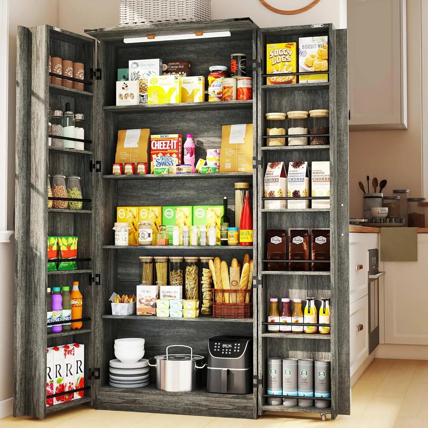 Tall Kitchen Pantry Cabinet: Food Pantry Cabinets for Kitchen Storage, Wood Storage Cabinet with 2 Doors