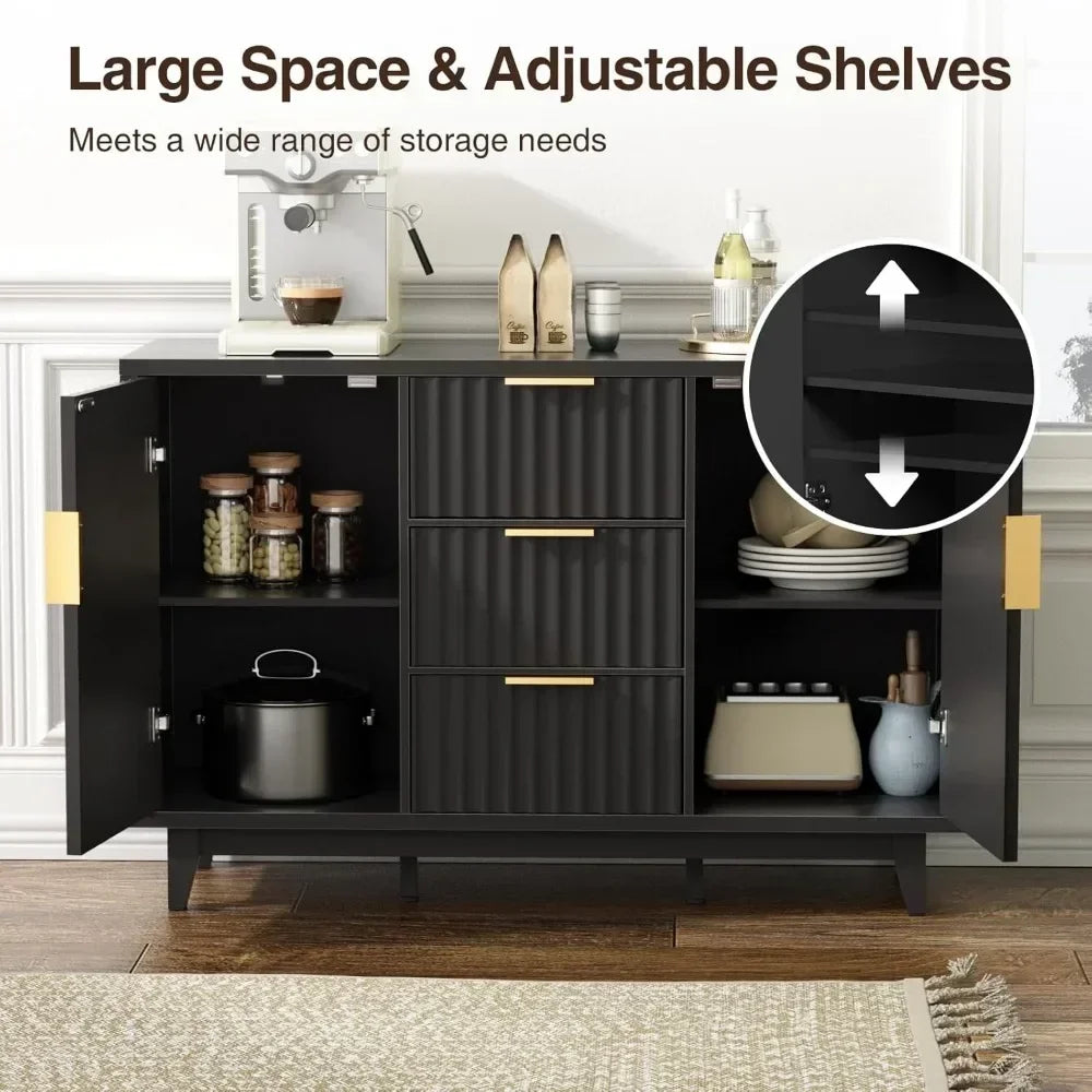 47.2" W Storage Cabinet with 3 Drawers, Fluted Buffet with Storage, Large Sideboard with 2 Door, Modern Mid Century TV Stand