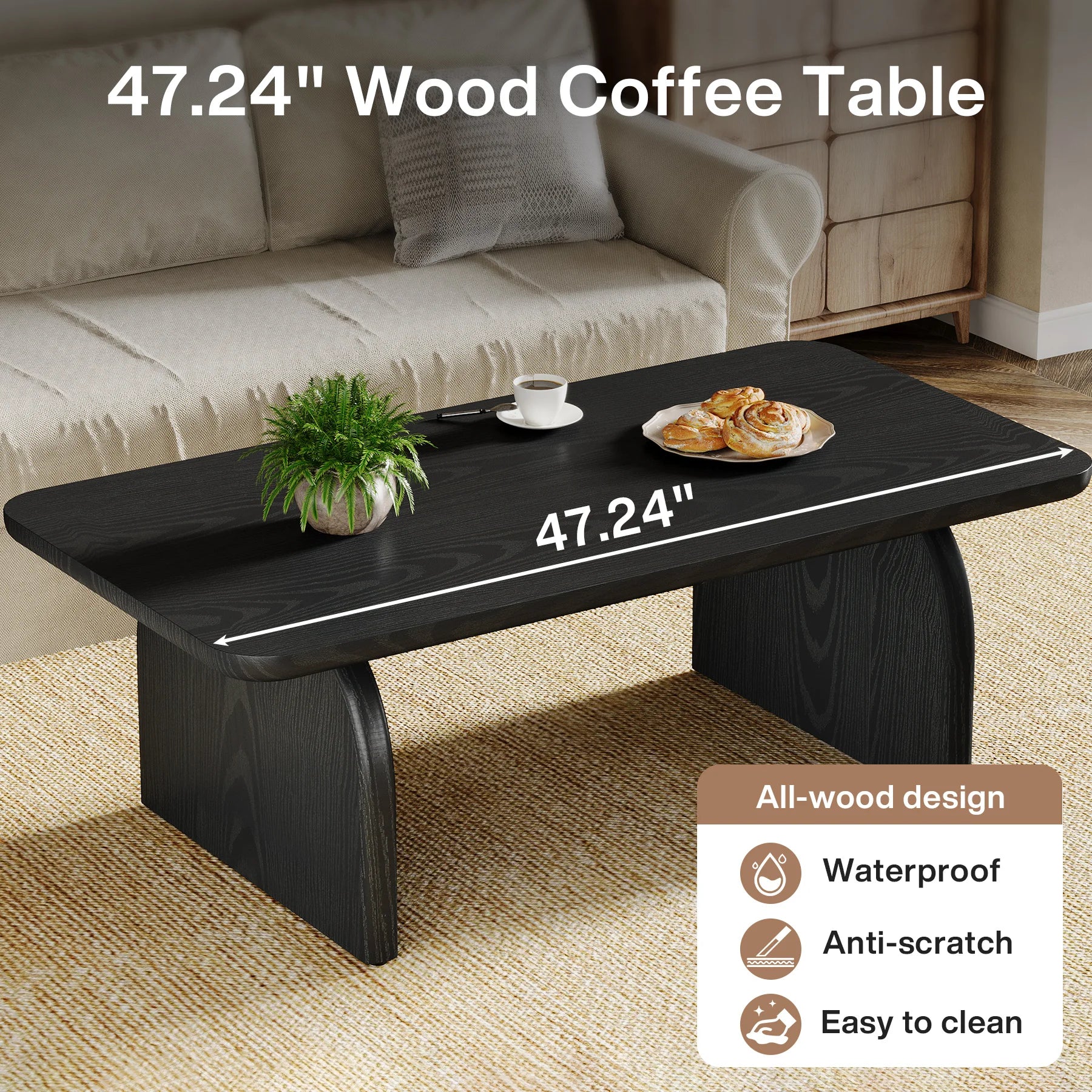 Tribesigns Farmhouse Rectangular Coffee Table, 47.24-Inch Engineered Wood Center Cocktail Tea Table with Sturdy Base