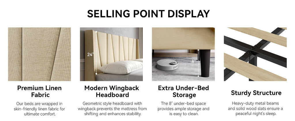 HOOMIC Platform Bed Frame with Geometric Wingback Headboard, Wooden Slats Support, No Box Spring Needed Allewie