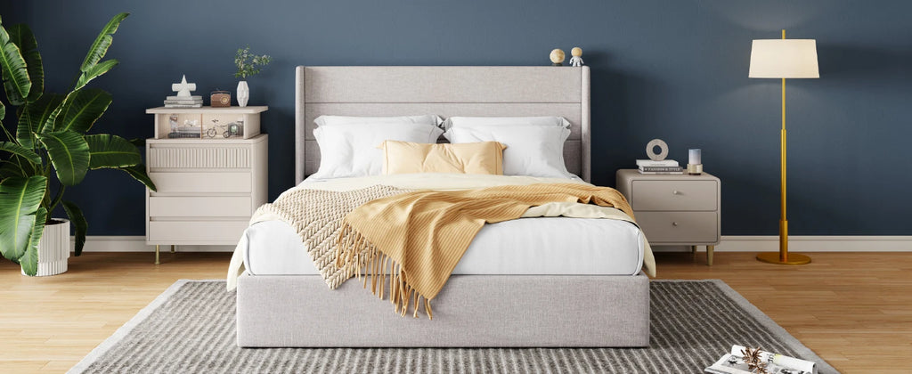 Lift Up Storage Bed with Wingback Headboard/Heavy-Duty Hydraulic Bed/Large Underneath Storage