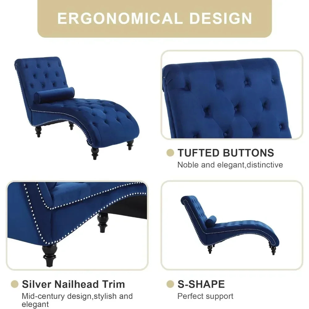 Velvet Button-Tufted Chaise Lounge Chair Indoor with Pillow Upholstered Modern Furniture for Bedroom Living Room Office