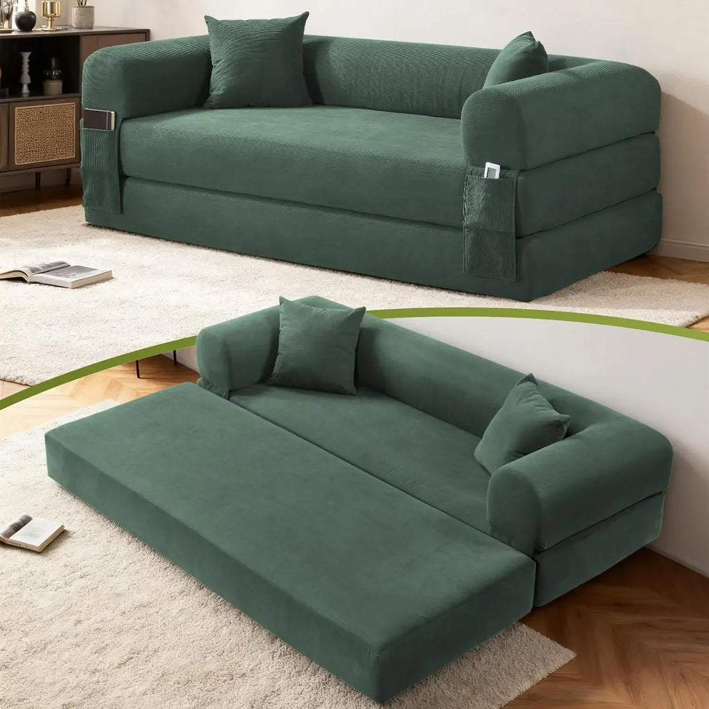 Corduroy Queen Sleeper Sofa Bed 80' Convertible Couch with Storage Pocket And Pillows Folding Pull-out Design No Assembly