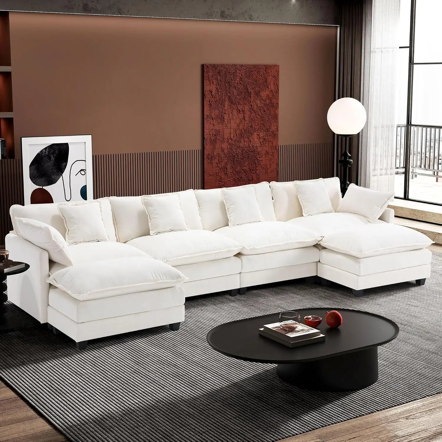 U-Shaped Modern Sofa Modular Sectional Cloud Couch with 2 Ottoman, 6-Seat Chenille Deep Seat Sofa with 6 Pillows for Living Room