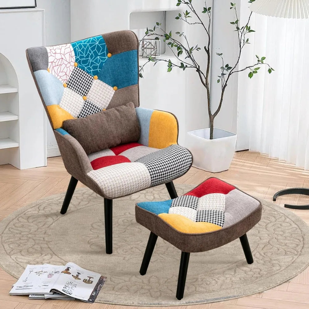 Accent Patchwork Chair with Ottoman Set Fabric High Wingback Chair Comfy Bohemian Flax Design Chair with Throw Pillow, for Livi