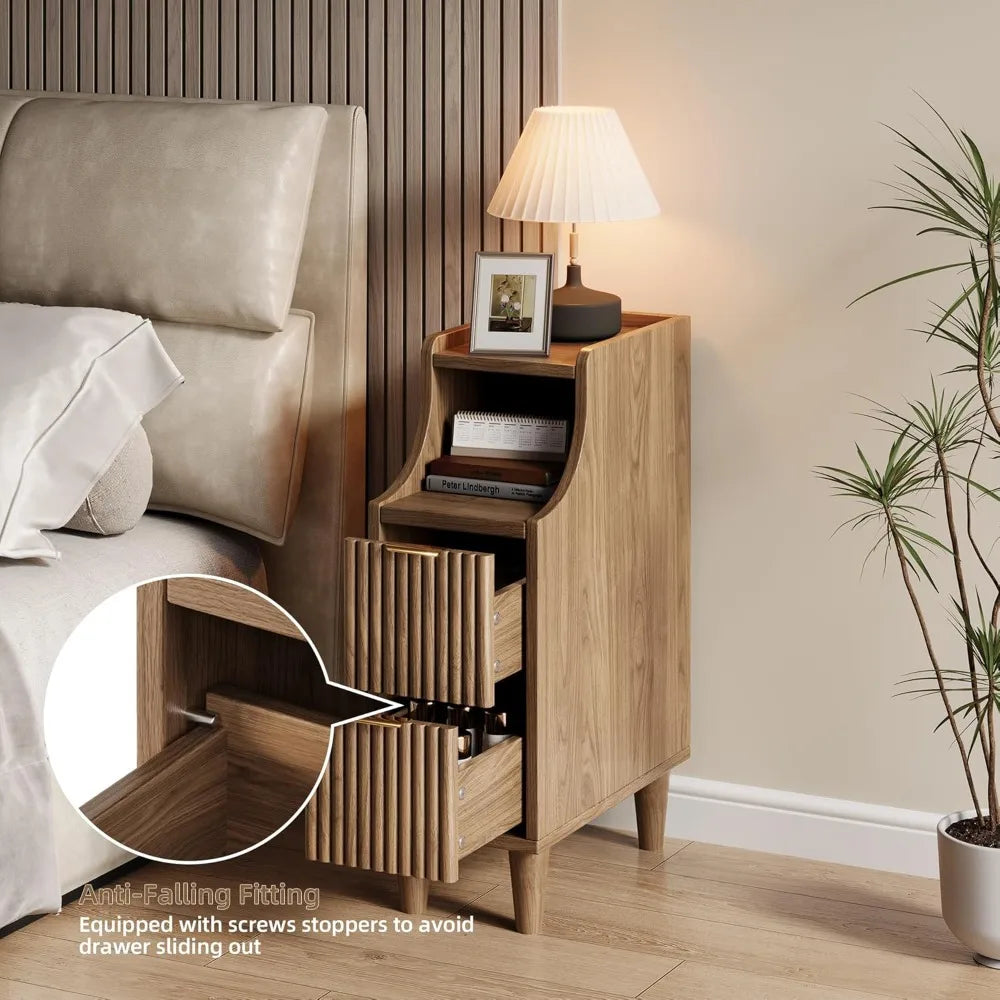 Fluted Nightstands Set of 2,Narrow Bedside Table with 2 Drawers & Storage, Farmhouse Walnut End Table Modern Side Table