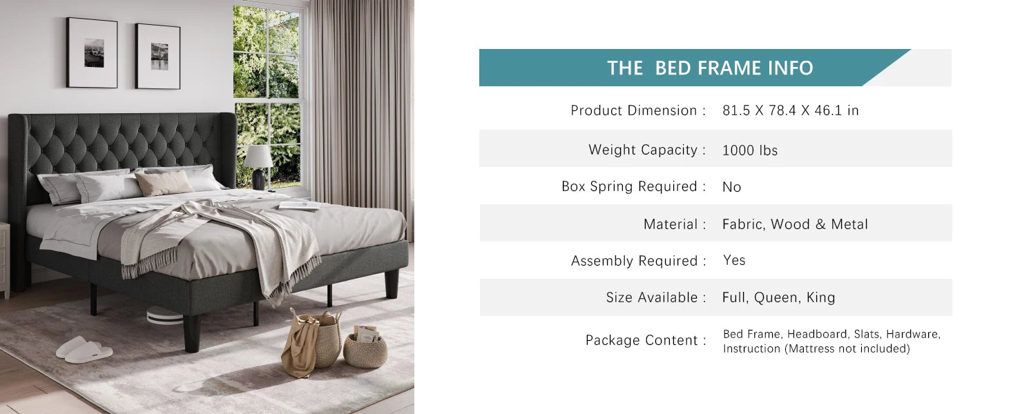 HOOMIC Classic Bed Frame with Button Tufted Wingback Headboard, Upholstered Platform Bed with Wooden Slats Support Allewie