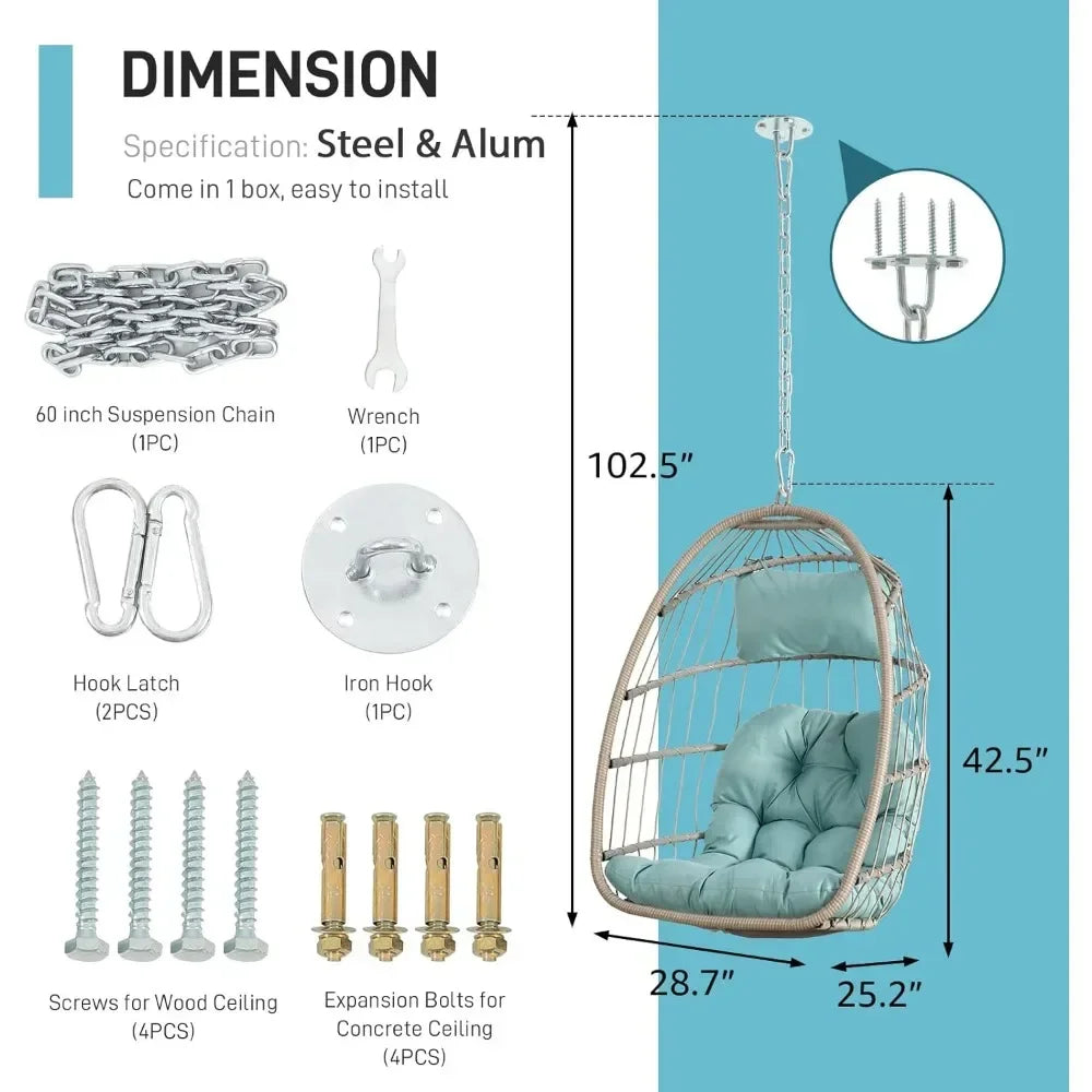 Indoor/Outdoor Egg Swing Chair With or Without Stand, Patio Wicker Rattan Hanging Chair w/Cushion, 350lbs Capacity