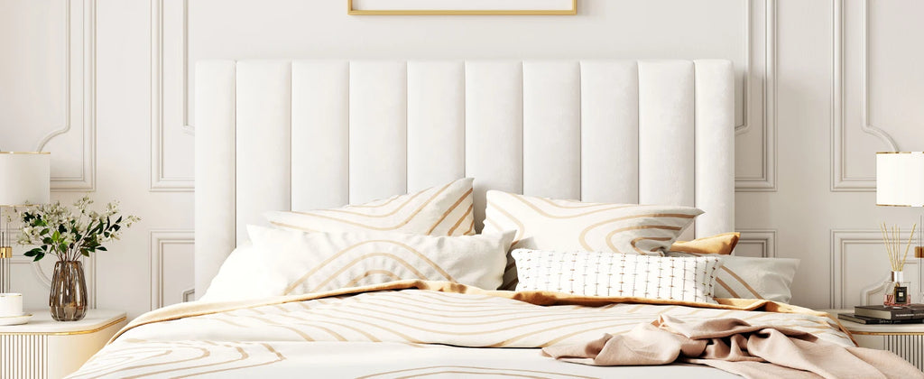 HOOMIC Platform Bed Frame with Velvet Upholstered Plush Vertical Channel Headboard, No Box Spring Needed, Easy Assembly  Allewie