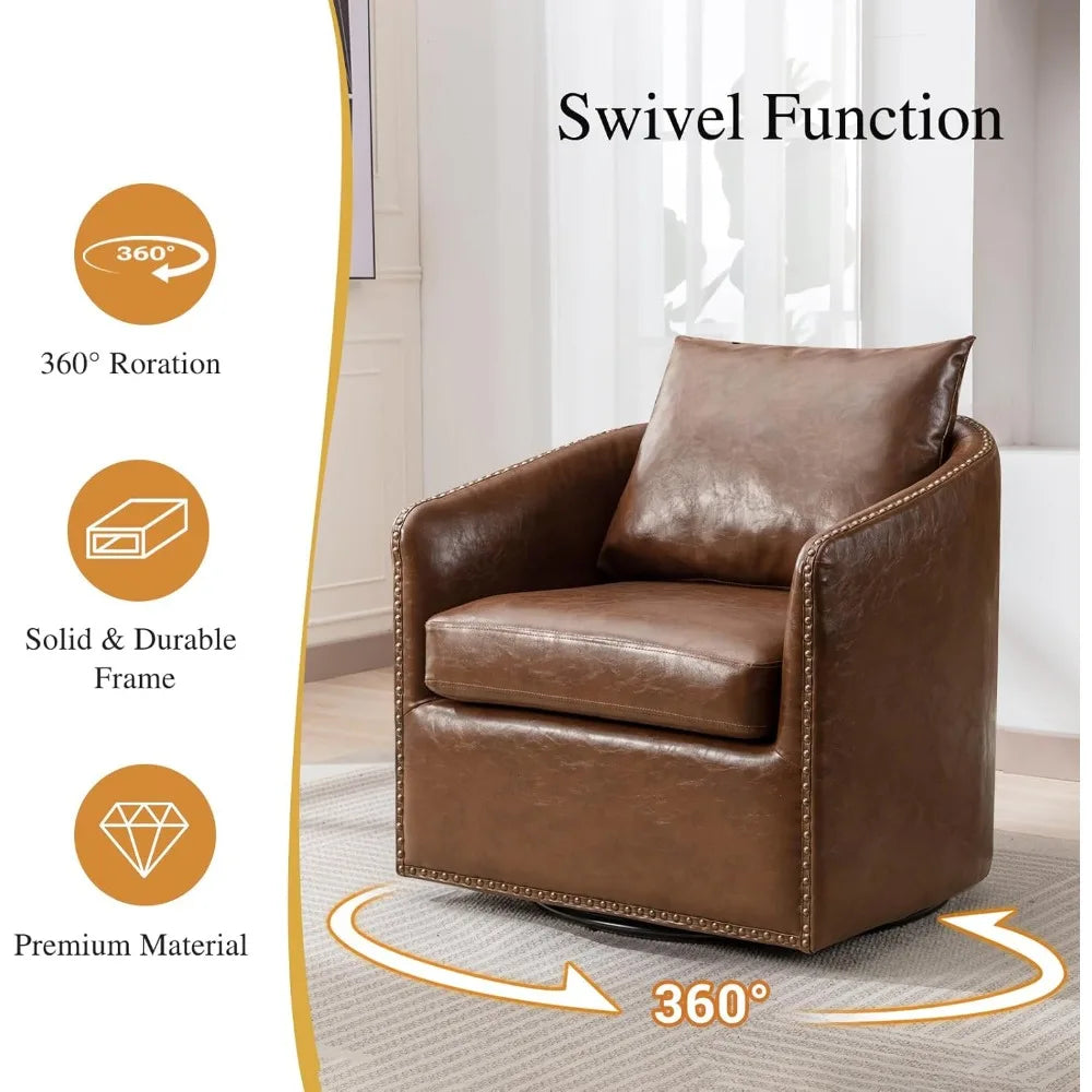 360 Degree Swivel Accent Chair Set of Two with Plump Back Pillow, Waterproof Oil Waxed PU Leather Swivel Armchair