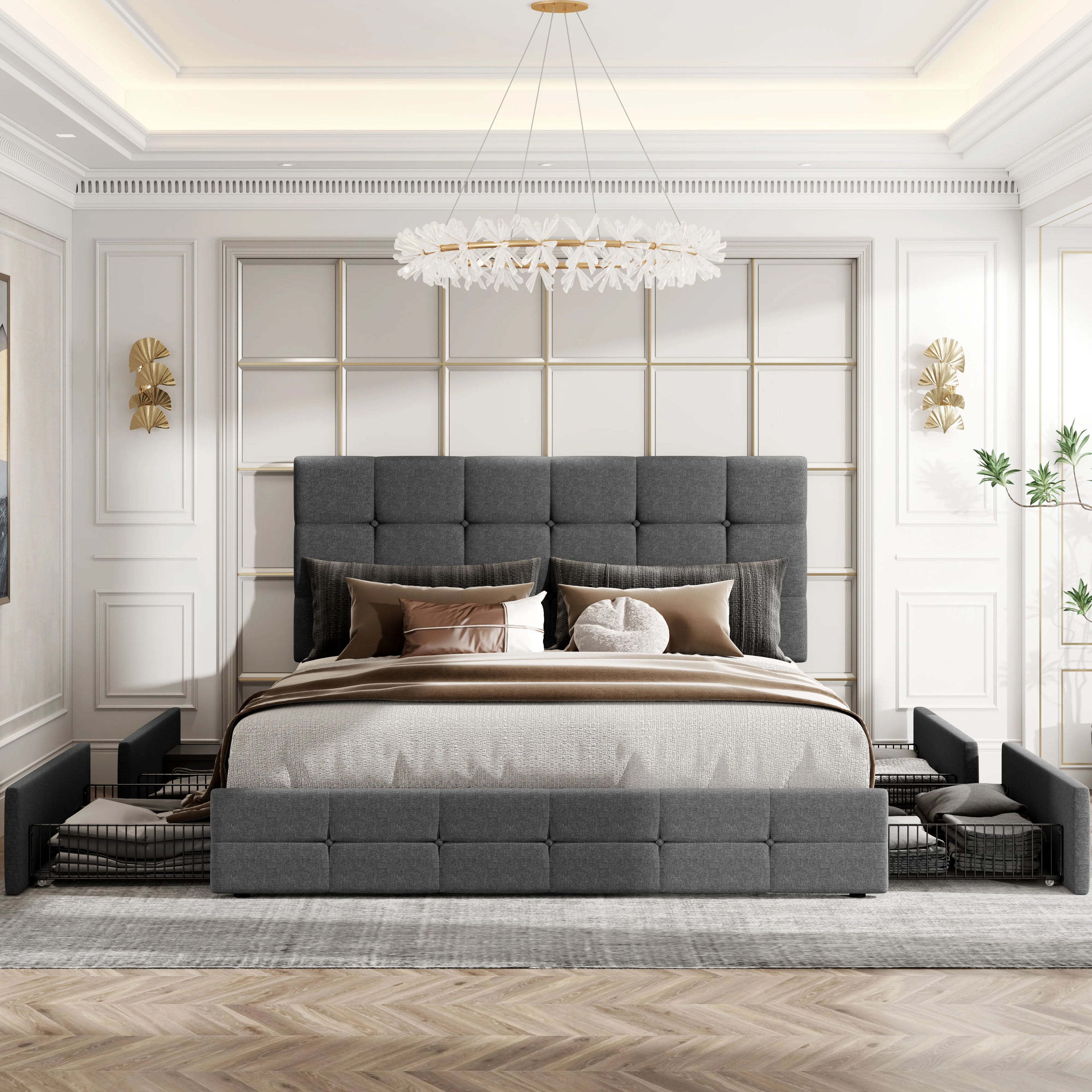 HOOMIC Platform Storage Bed Frame with 4 Drawers and Adjustable Headboard