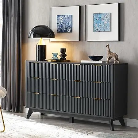 Fluted 6 Drawers Dresser, 54" Wide Modern Chest of Drawers with Faux Marble Top, Curved Profile Design, Dresser TV Stand, Wood