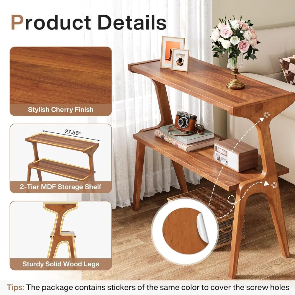 Narrow End Table, 2-level ultra-thin sofa side table with solid wood legs, bedside table with storage rack
