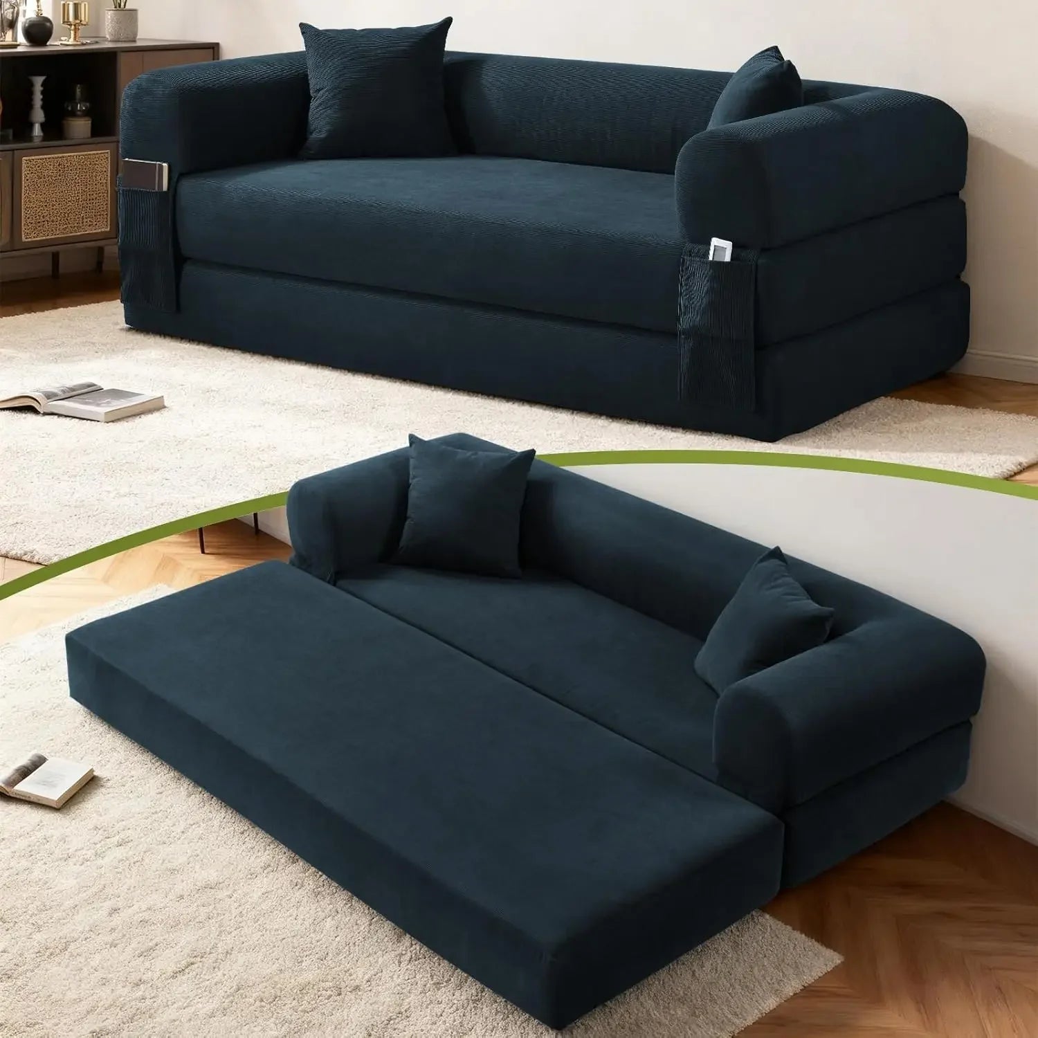 Corduroy Queen Sleeper Sofa Bed 80' Convertible Couch with Storage Pocket And Pillows Folding Pull-out Design No Assembly