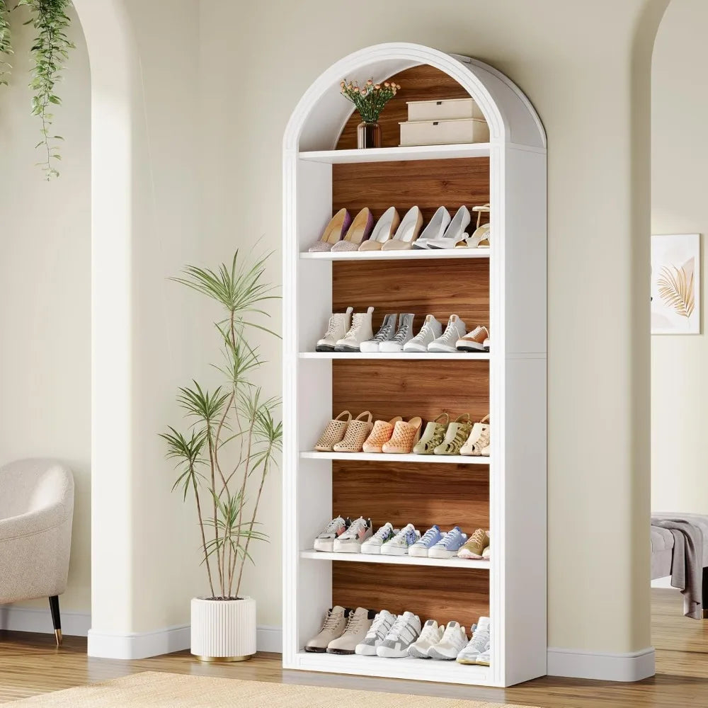 6-Tier Tall White Wooden Arch Cabinet Organizer, Large Modern Free Standing Shoe Rack for 24