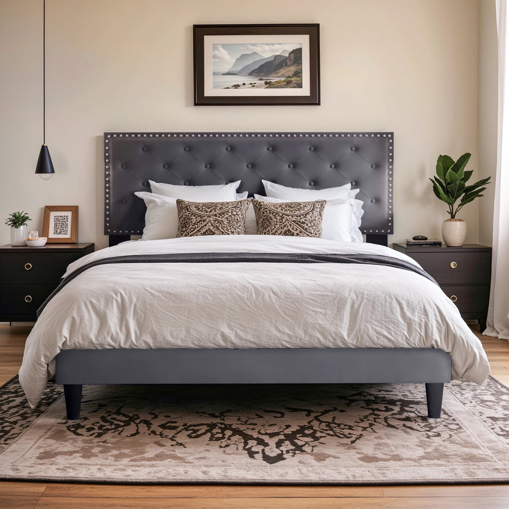 HOOMIC Bed Frame with Upholstered Headboard, Velvet Diamond Button Tufted Headboard, Strong Mattress Foundation Allewie