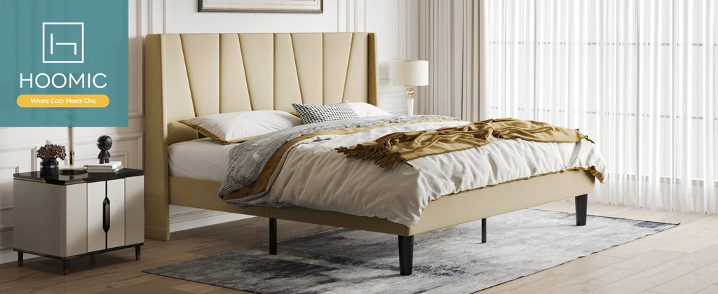 HOOMIC Platform Bed Frame with Geometric Wingback Headboard, Wooden Slats Support, No Box Spring Needed Allewie