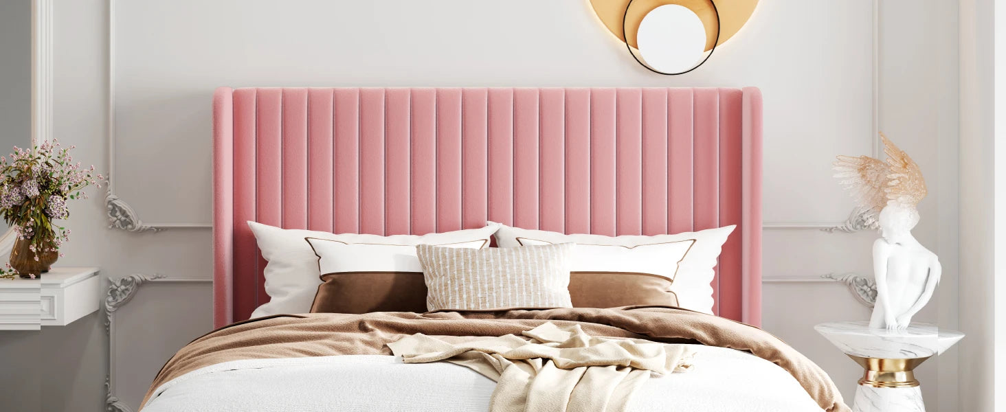 HOOMIC Velvet Upholstered Bed Frame, Vertical Channel Tufted Wingback Headboard, Wooden Slats Support Allewie