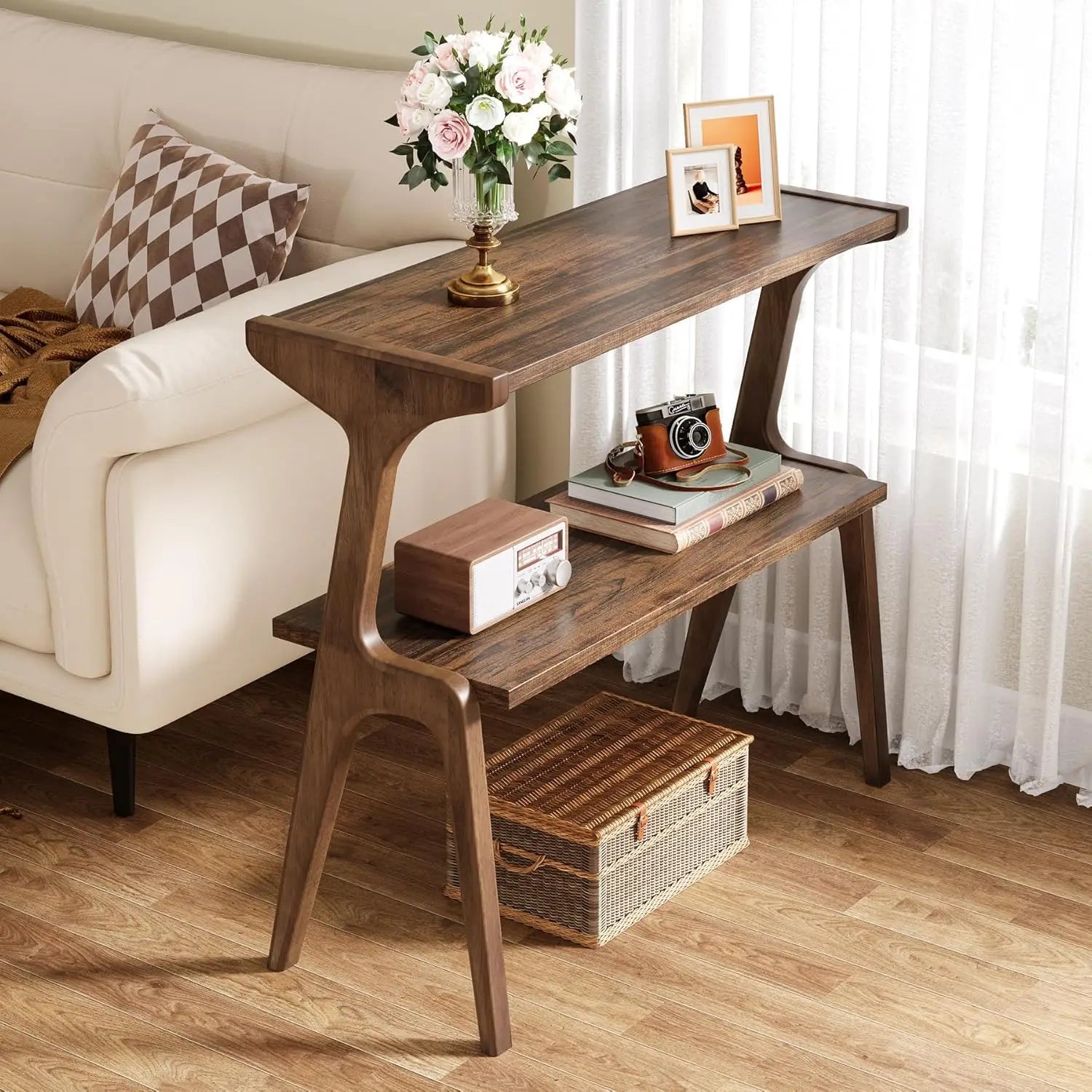 Narrow End Table, 2-level ultra-thin sofa side table with solid wood legs, bedside table with storage rack