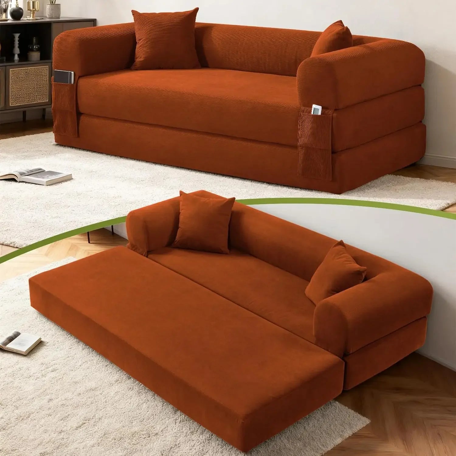 Corduroy Queen Sleeper Sofa Bed 80' Convertible Couch with Storage Pocket And Pillows Folding Pull-out Design No Assembly