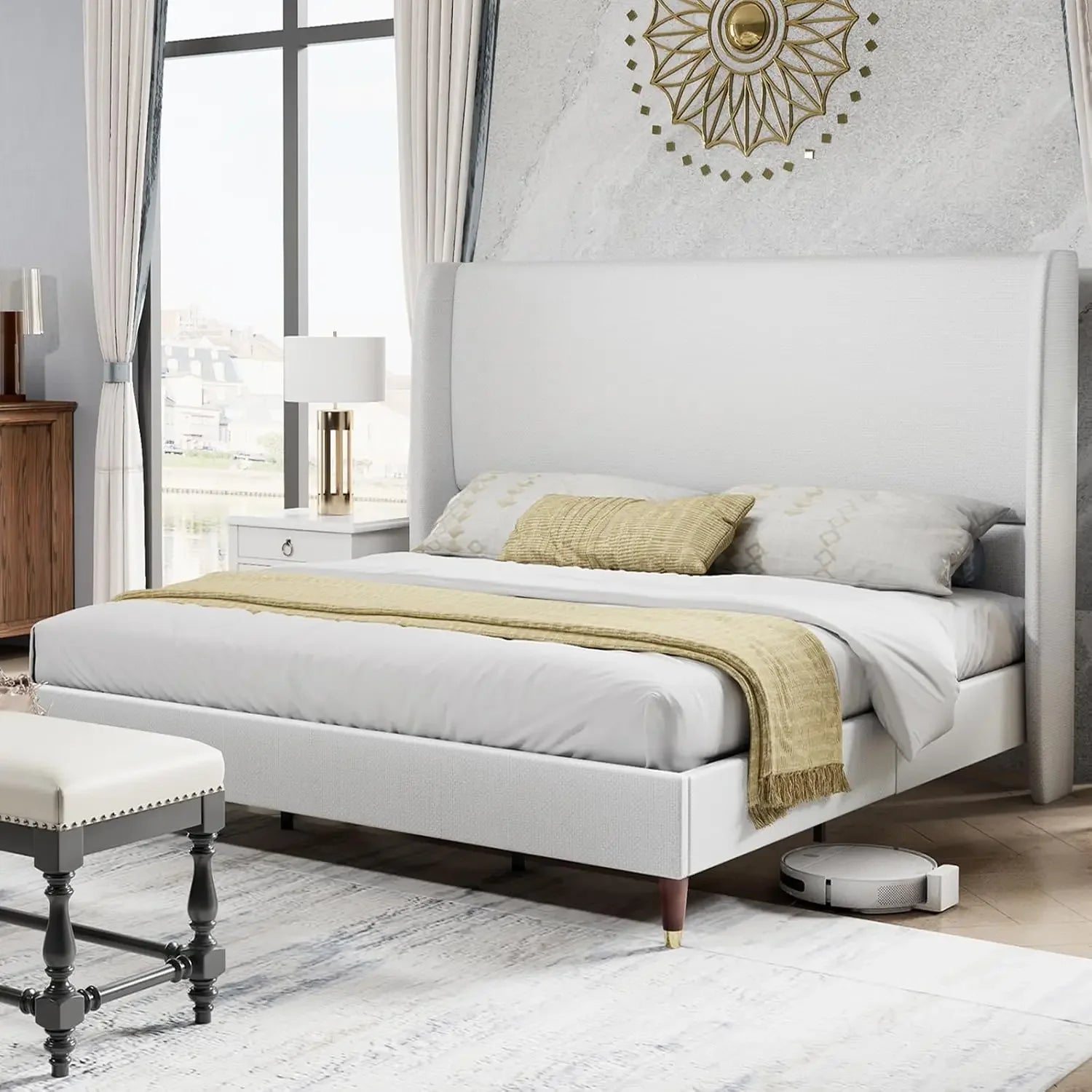 King Platform Bed Frame 51.2" High Headboard Tall Upholstered Bed/No Box Spring Required/Wood Slat Support Assembly