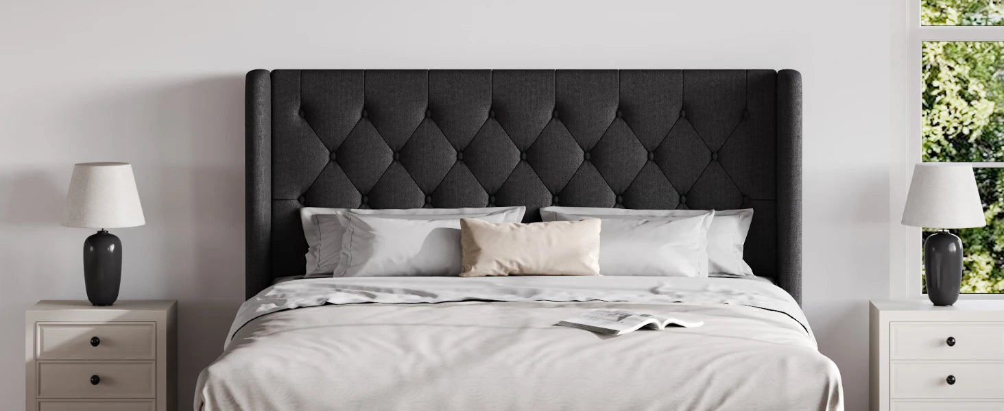 HOOMIC Classic Bed Frame with Button Tufted Wingback Headboard, Upholstered Platform Bed with Wooden Slats Support Allewie