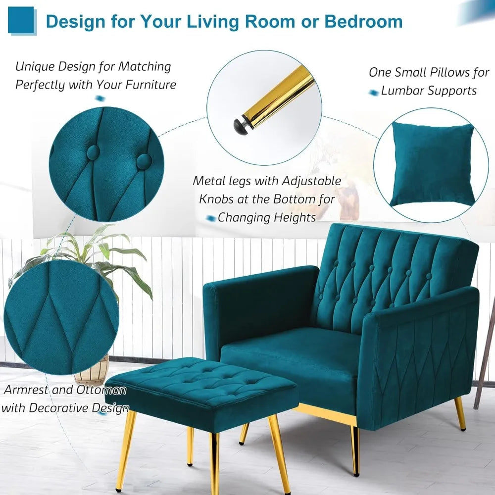 Velvet Accent Chair with Adjustable Armrests and Backrest, Button Tufted Lounge Chair, Single Recliner Armchair with Ottoman