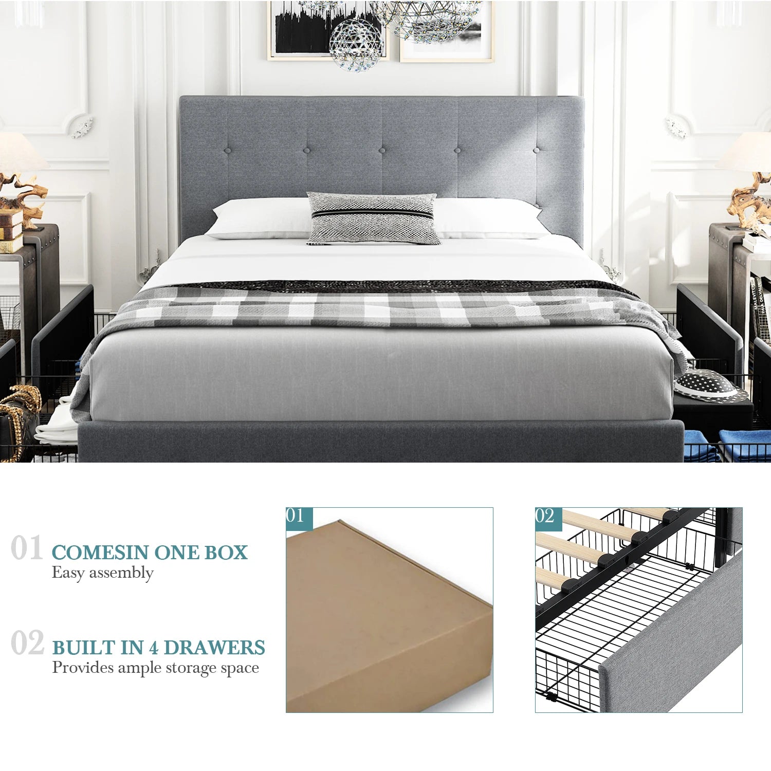 HOOMIC Platform Storage Bed Frame with 4 Drawers and Adjustable Headboard