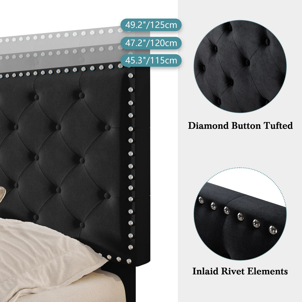 HOOMIC Bed Frame with Upholstered Headboard, Velvet Diamond Button Tufted Headboard, Strong Mattress Foundation Allewie