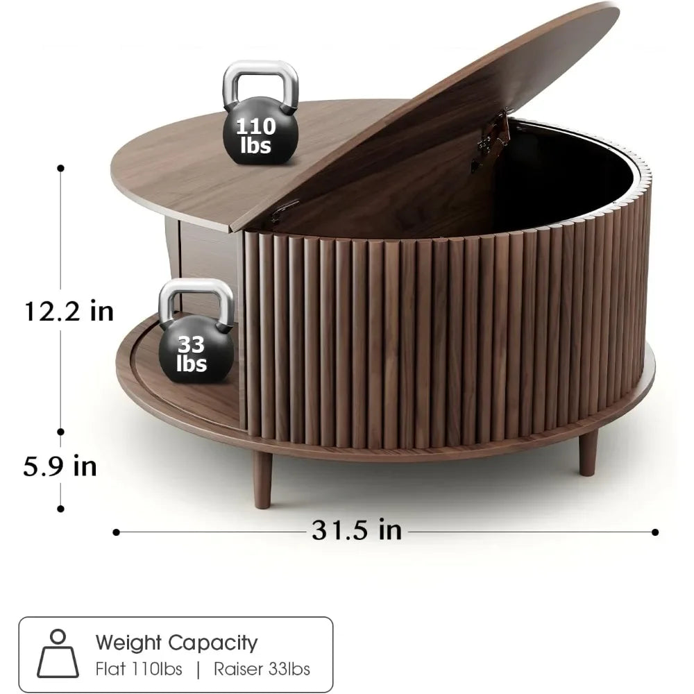 Round Coffee Table with Storage,Mid Century Modern Coffee Table with Sliding Cabinet Door,Coffee Table for Living Room