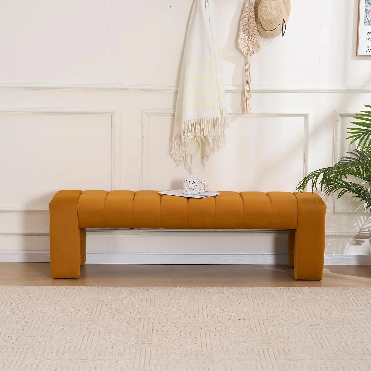 Velvet End of Bed Bench Upholstered Modern 59" Bedroom Benchs for King Bed Benchs Tufted Window Bench Comfy Long Ottoman