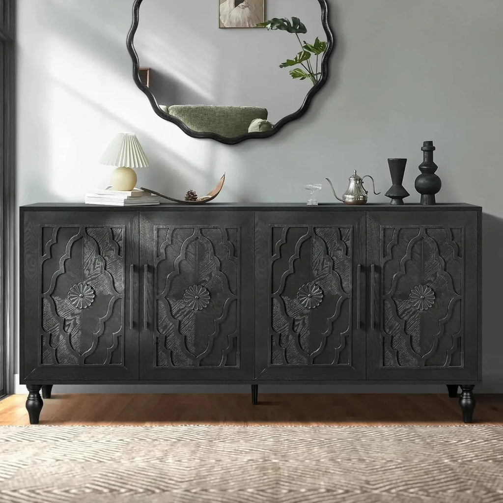 Sideboard Buffet Credenzas for Living Room, 63" Antique Entryway Table with Storage Accent Cabinet, Carved Flowers Doors