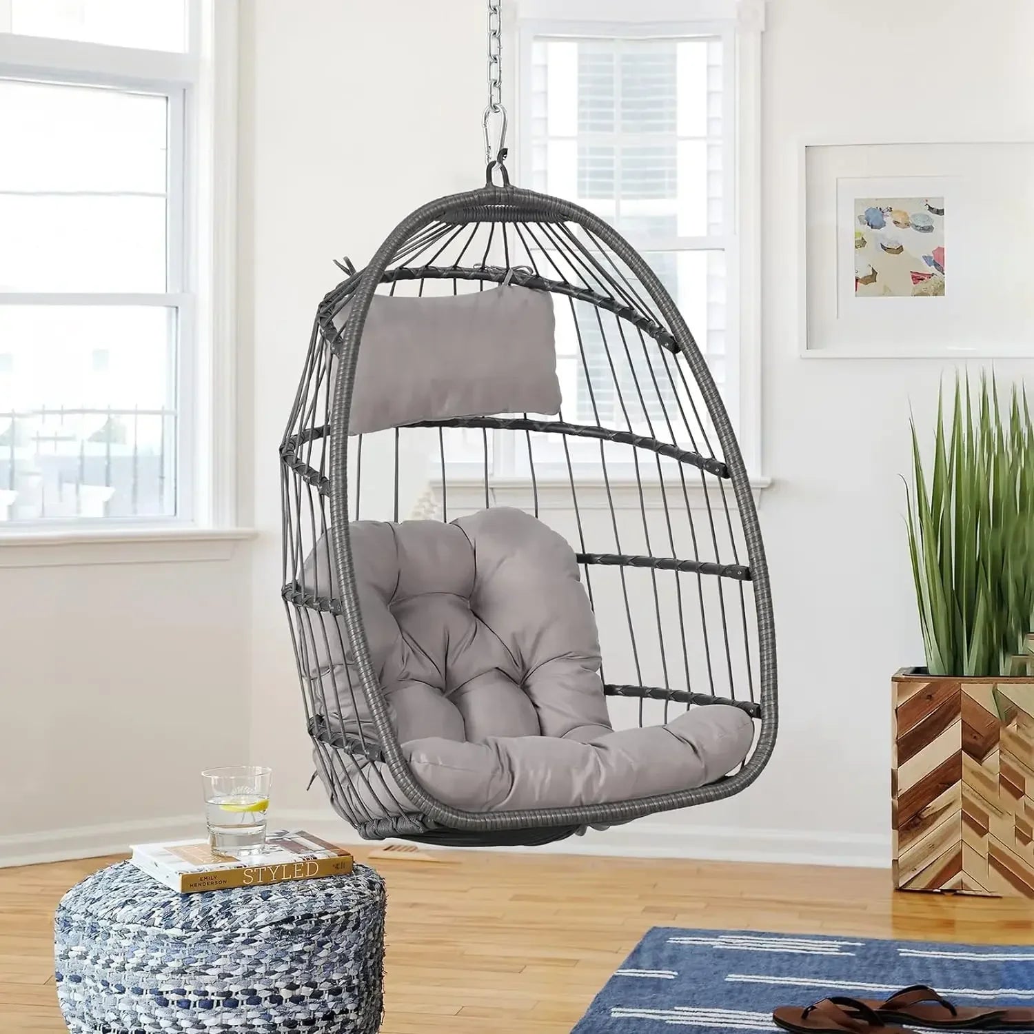 Indoor/Outdoor Egg Swing Chair With or Without Stand, Patio Wicker Rattan Hanging Chair w/Cushion, 350lbs Capacity