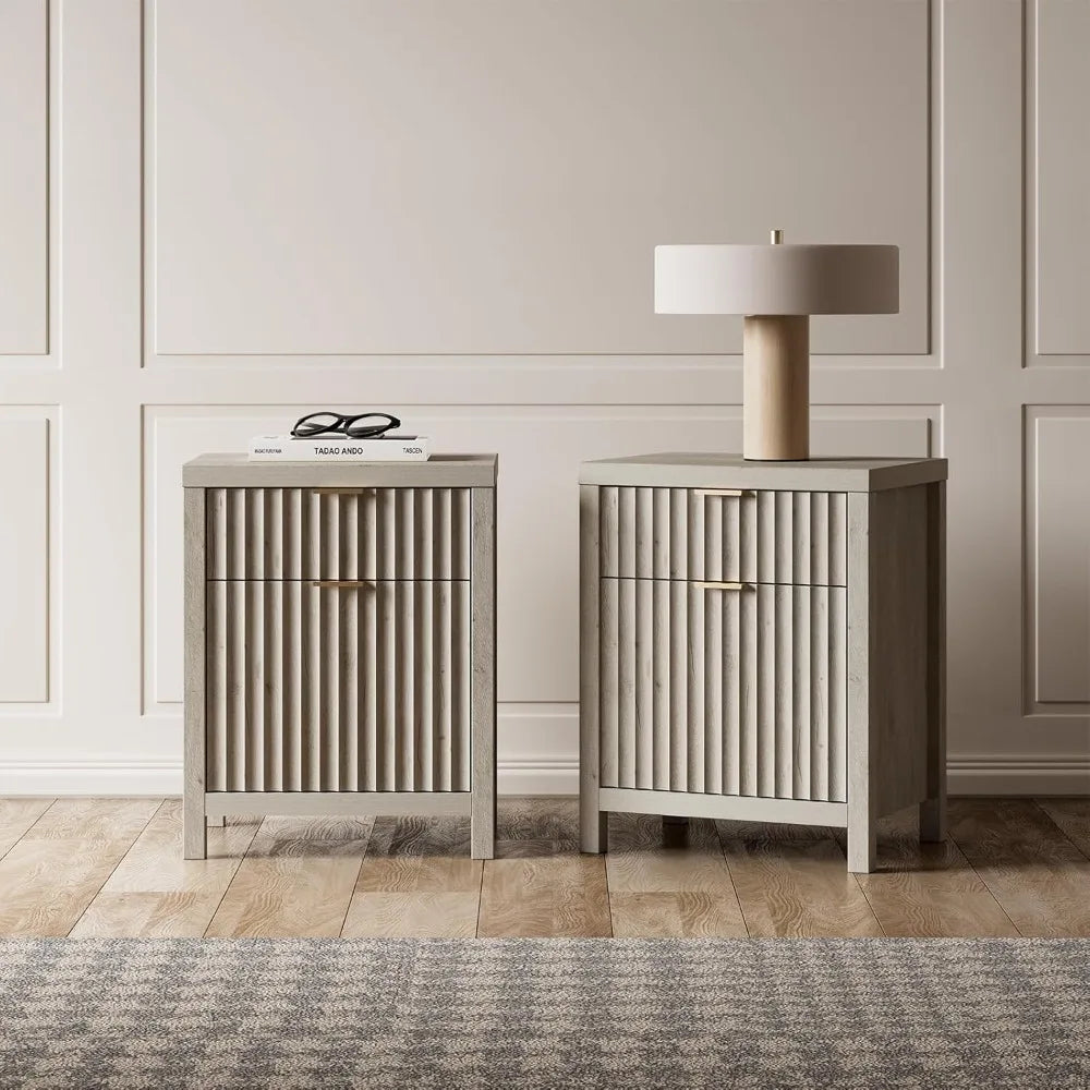 Night Stand Set 2, Fluted Nightstand with Charging Station, Modern End Table with 2 Drawers, Bed Side Tables Set