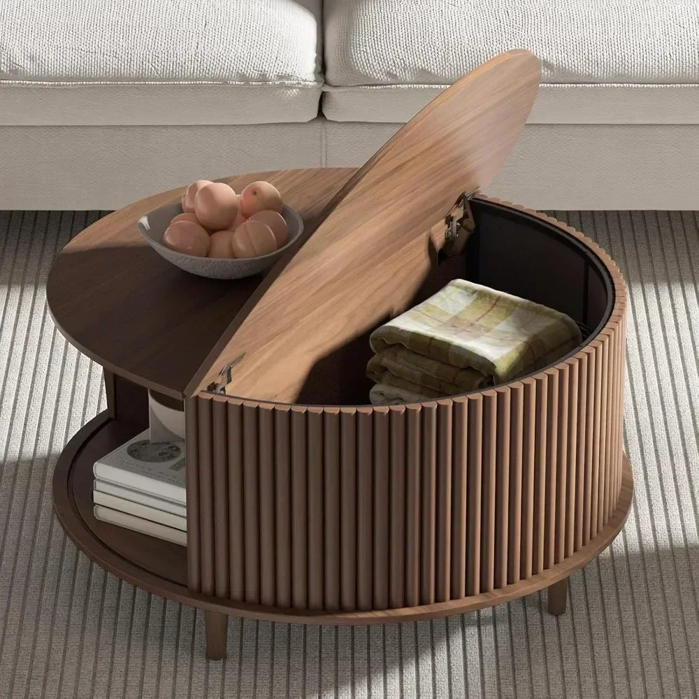Round Coffee Table with Storage,Mid Century Modern Coffee Table with Sliding Cabinet Door,Coffee Table for Living Room