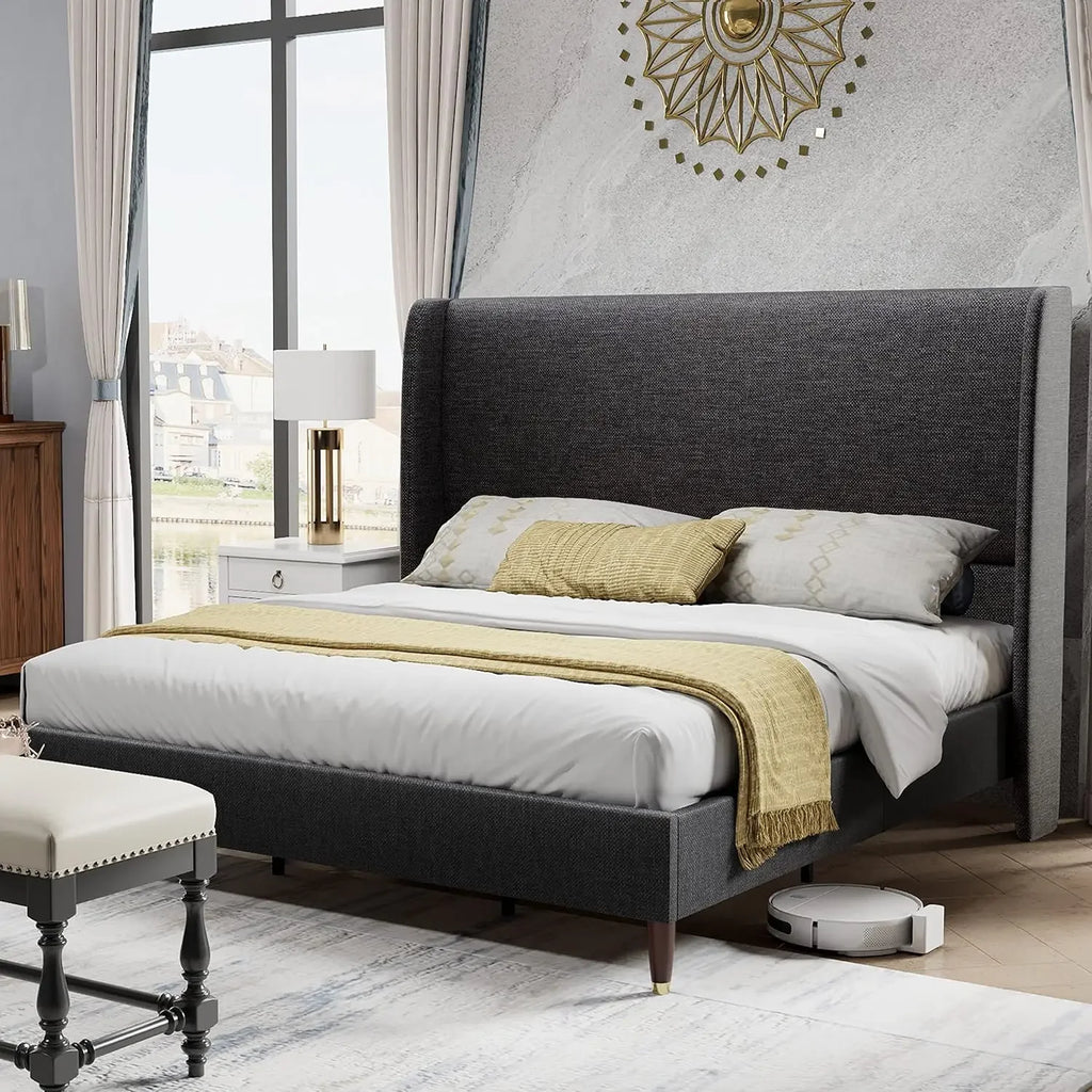 King Platform Bed Frame 51.2" High Headboard Tall Upholstered Bed/No Box Spring Required/Wood Slat Support Assembly