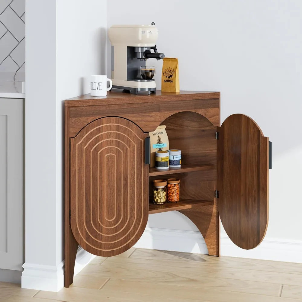 Small Corner Storage Cabinet, Mid Century Modern Floor Corner Cabinet with Curved Doors and Adjustable Shelves，Freestanding Narr