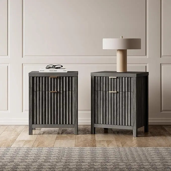 Night Stand Set 2, Fluted Nightstand with Charging Station, Modern End Table with 2 Drawers, Bed Side Tables Set