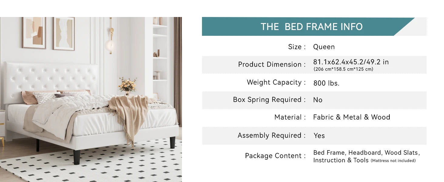 HOOMIC Bed Frame with Adjustable Diamond Tufted Headboard/Faux Leather Upholstered Platform Bed Frame