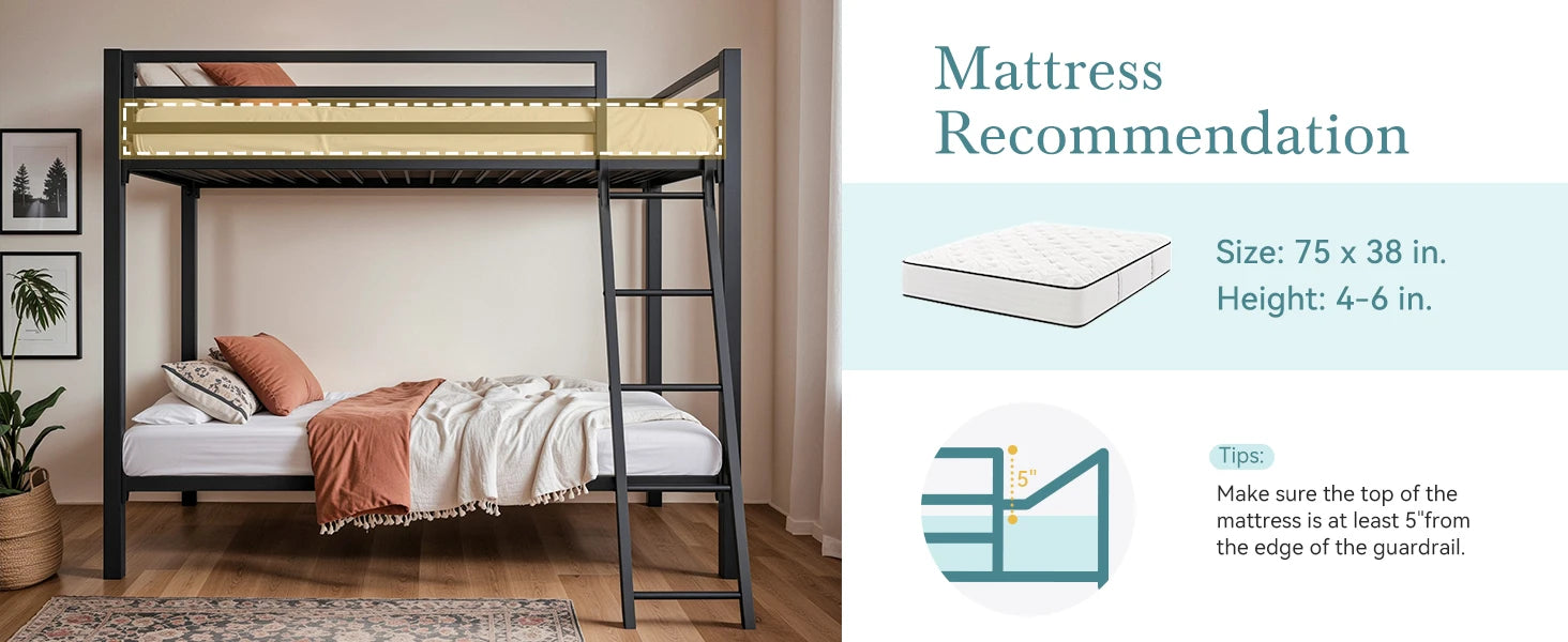 HOOMIC Heavy-Duty Metal Bunk Bed Frame Twin Over Twin, Full Length Guardrails, Space-Saving, Sturdy Metal Support Allewie