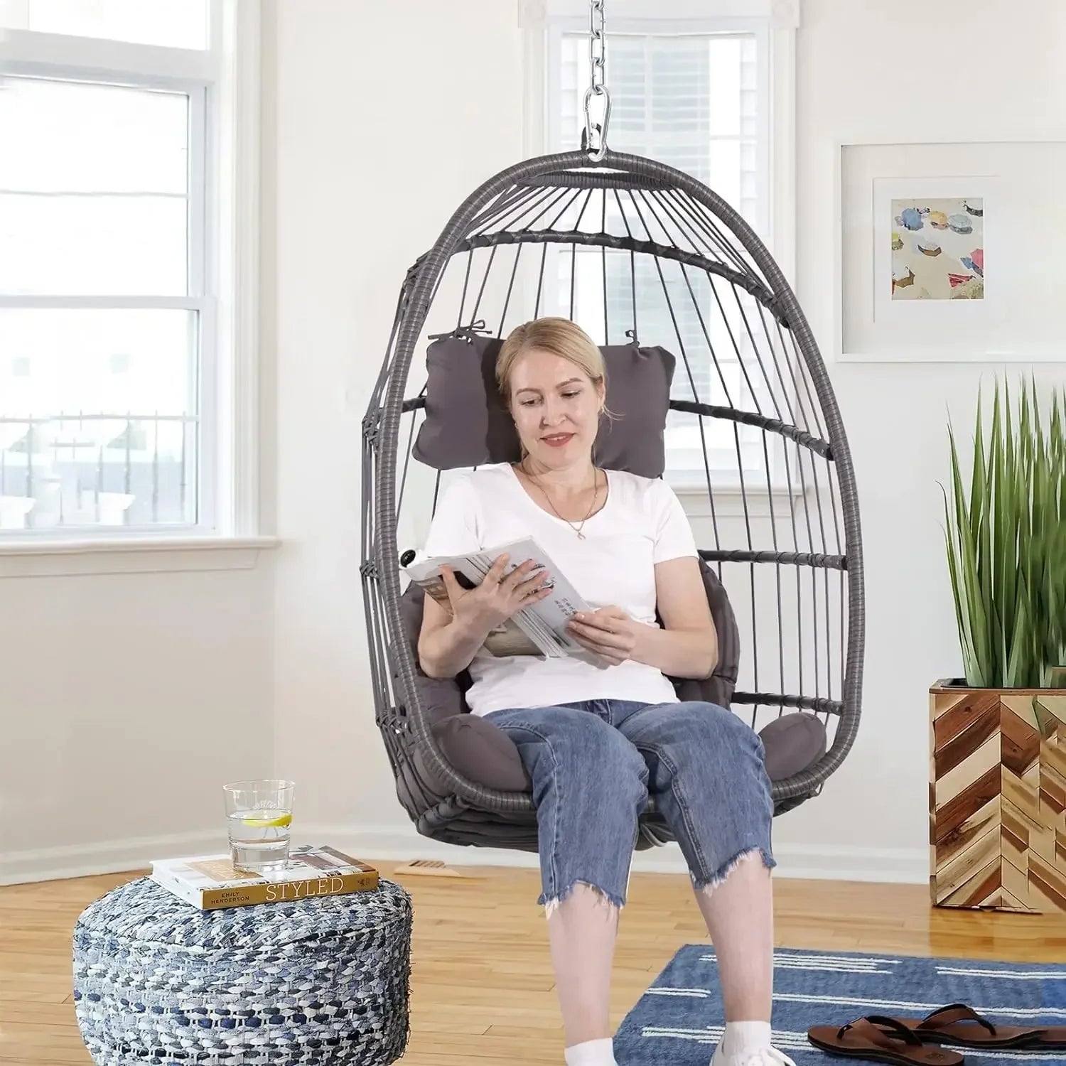 Indoor/Outdoor Egg Swing Chair With or Without Stand, Patio Wicker Rattan Hanging Chair w/Cushion, 350lbs Capacity