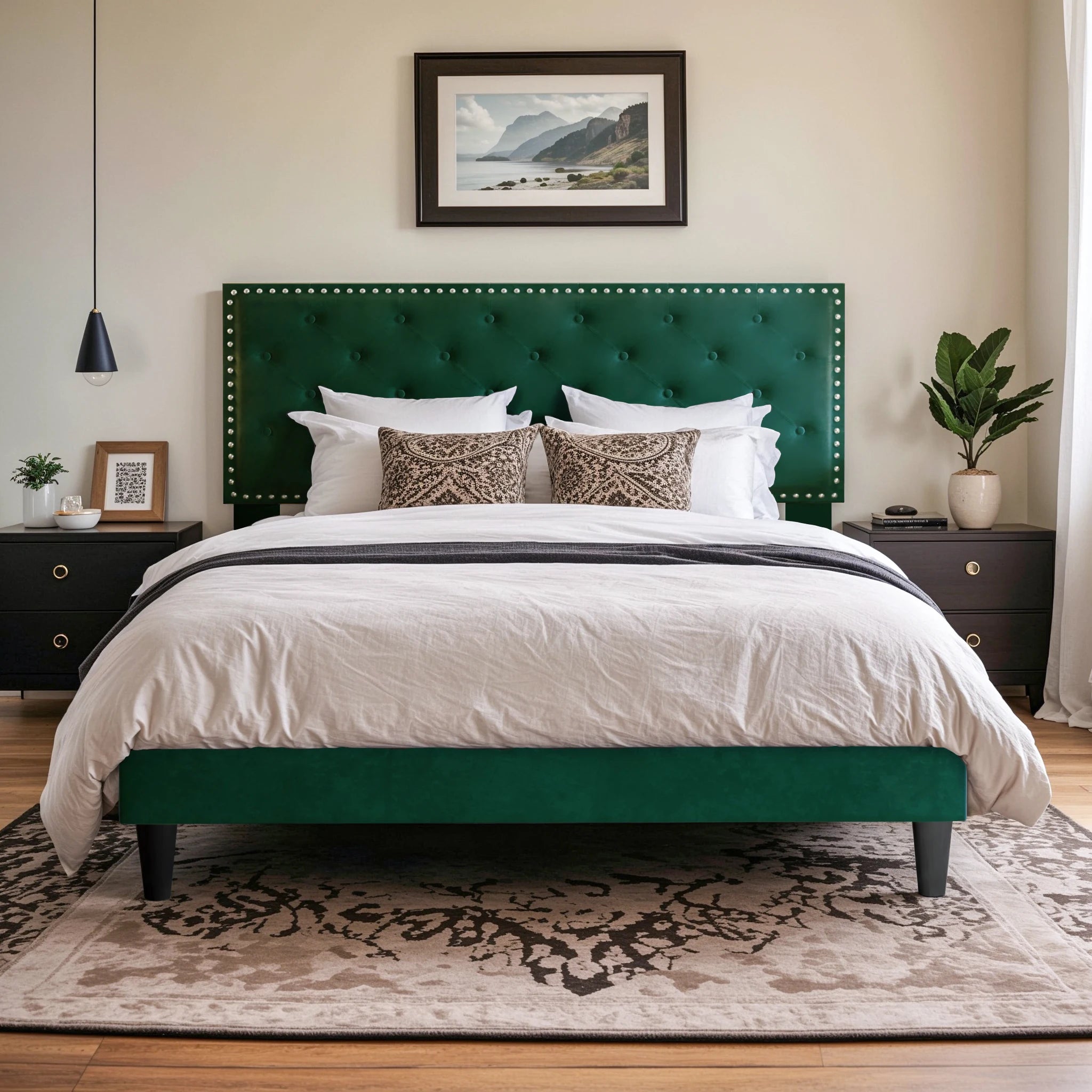 HOOMIC Bed Frame with Upholstered Headboard, Velvet Diamond Button Tufted Headboard, Strong Mattress Foundation Allewie