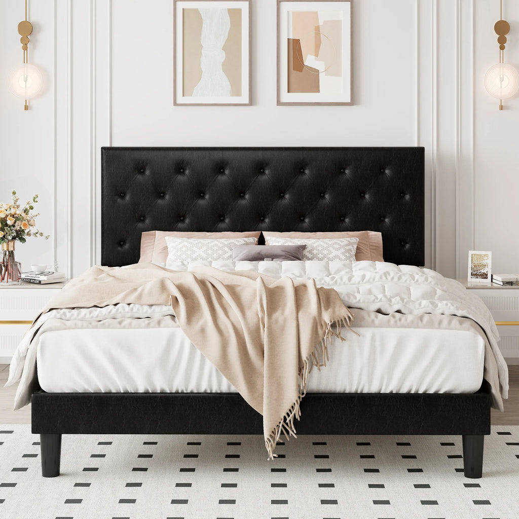 HOOMIC Bed Frame with Adjustable Diamond Tufted Headboard/Faux Leather Upholstered Platform Bed Frame