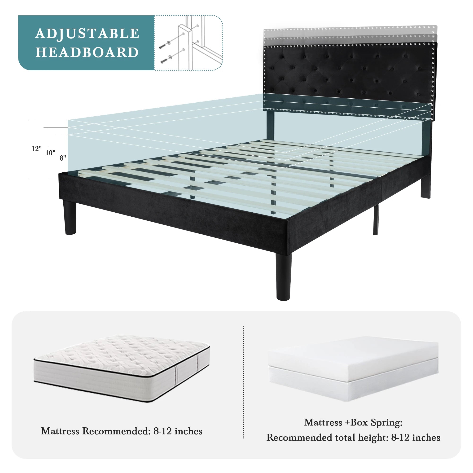 HOOMIC Bed Frame with Upholstered Headboard, Velvet Diamond Button Tufted Headboard, Strong Mattress Foundation Allewie