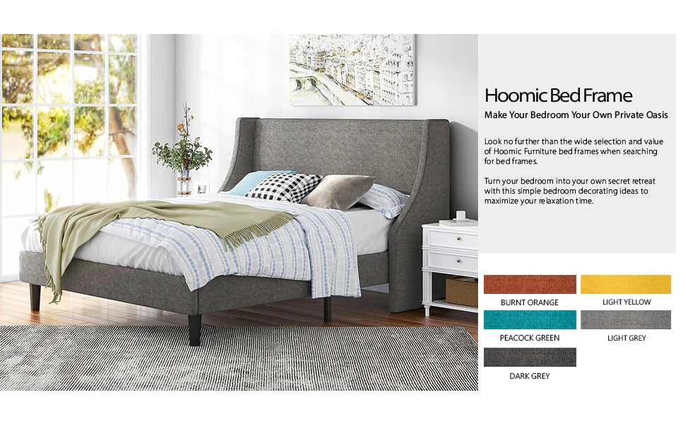 HOOMIC Bed Frame, Fabric Upholstered Modern Wingback Platform Bed with Headboard, Strong Wood Slats Support Allewie