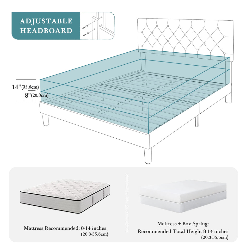 HOOMIC Bed Frame with Adjustable Diamond Tufted Headboard/Faux Leather Upholstered Platform Bed Frame