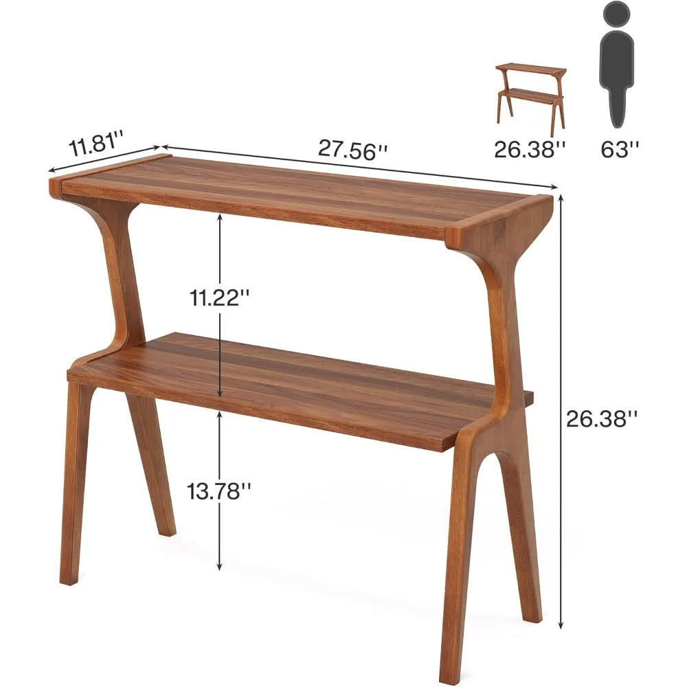 Narrow End Table, 2-level ultra-thin sofa side table with solid wood legs, bedside table with storage rack