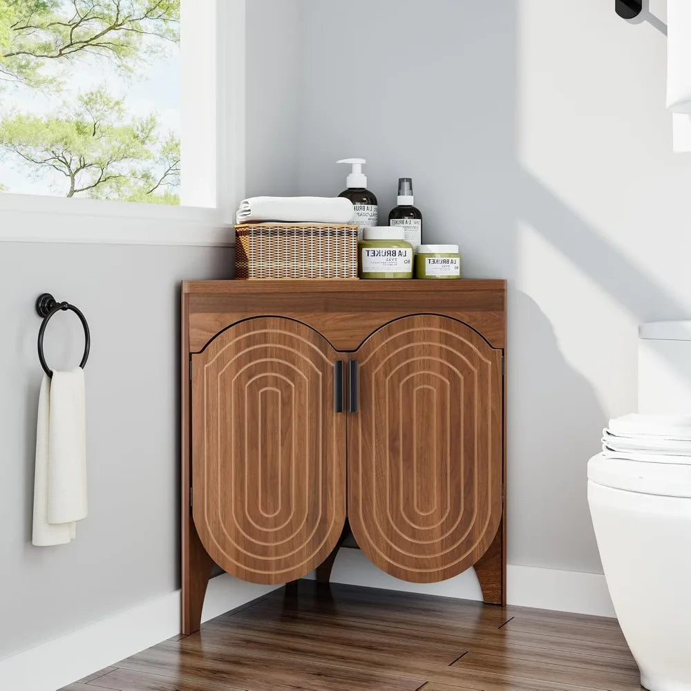Small Corner Storage Cabinet, Mid Century Modern Floor Corner Cabinet with Curved Doors and Adjustable Shelves，Freestanding Narr