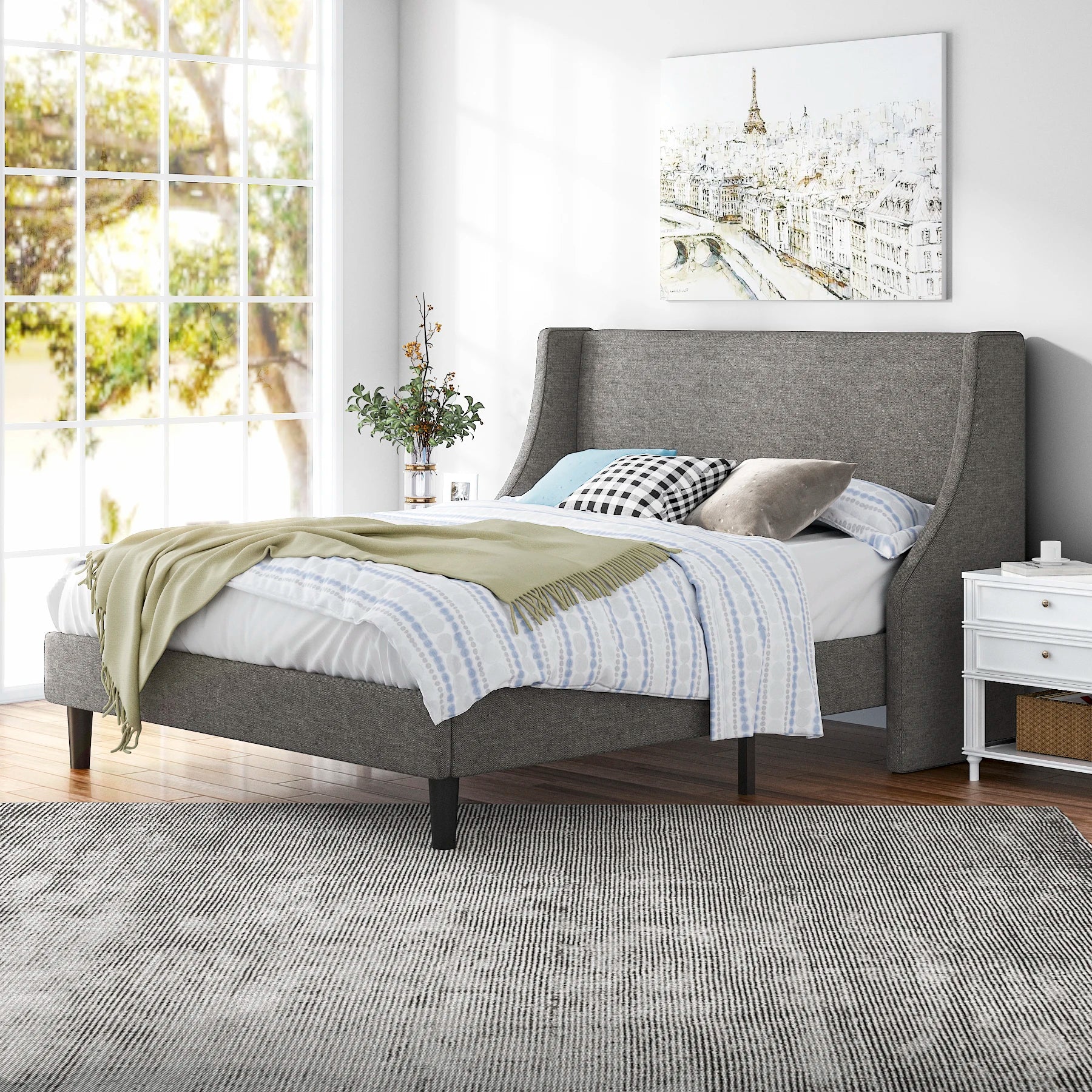 HOOMIC Bed Frame, Fabric Upholstered Modern Wingback Platform Bed with Headboard, Strong Wood Slats Support Allewie